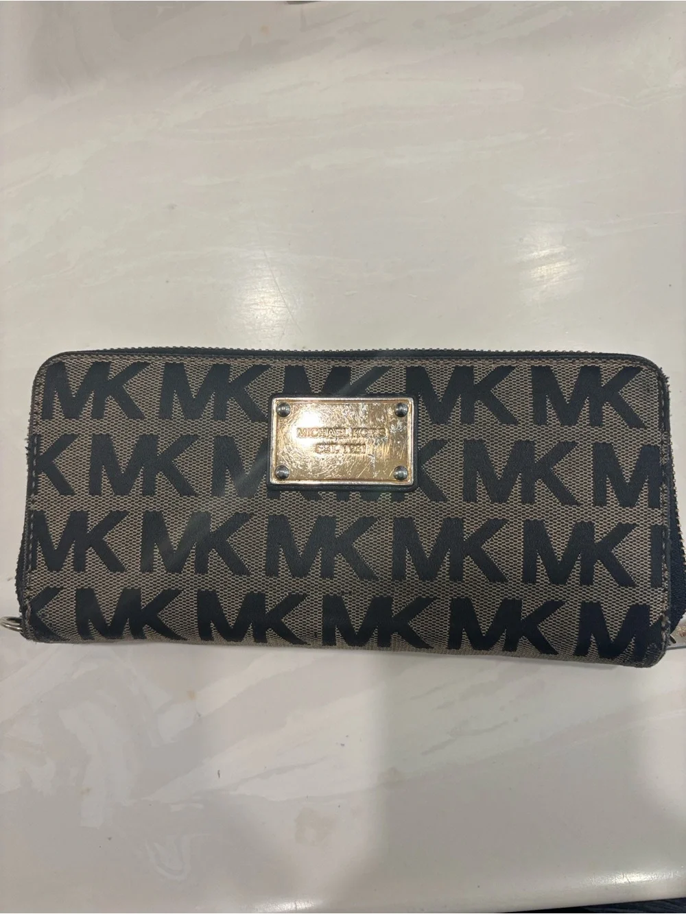 Michael Kors Black and Brown MK Signature Zip Wallet with Gold Plate